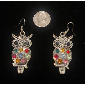 Multicolor Rhinestone Silver Tone Owl Dangle Earrings
